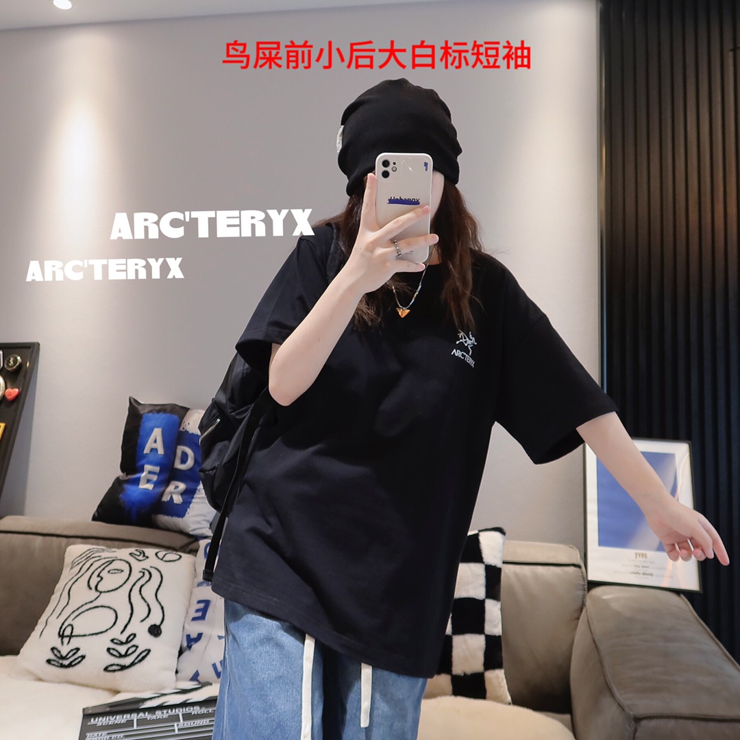 鸟屎前小后大黑标短袖ARCTERYX 始祖鸟 夏季新款200克纯棉，时尚港风圆领印花休闲短袖T恤衫，男女同款上衣 颜色黑白 码数 M-4xl