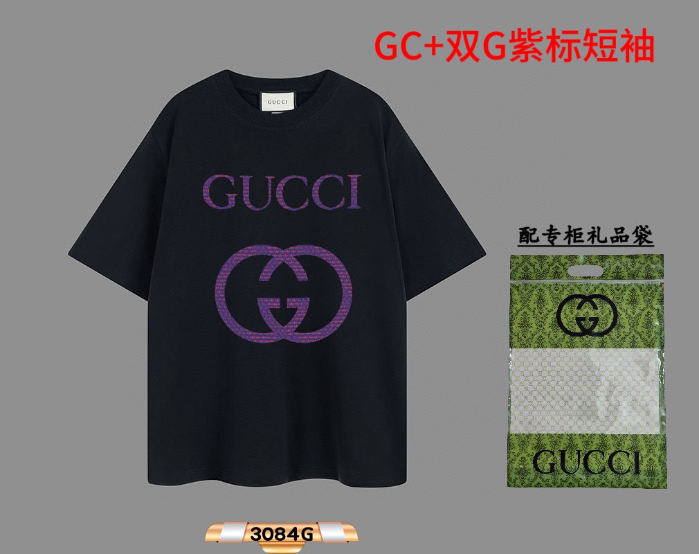 GC+双G紫标短袖- GUCCI~古驰 当季新品数码印花短袖T恤，耐洗不掉色。- 购入原版开模打造，细节决定成败。- 颜色：黑色 杏色- 尺码： M-4xl- 面料：采用200克