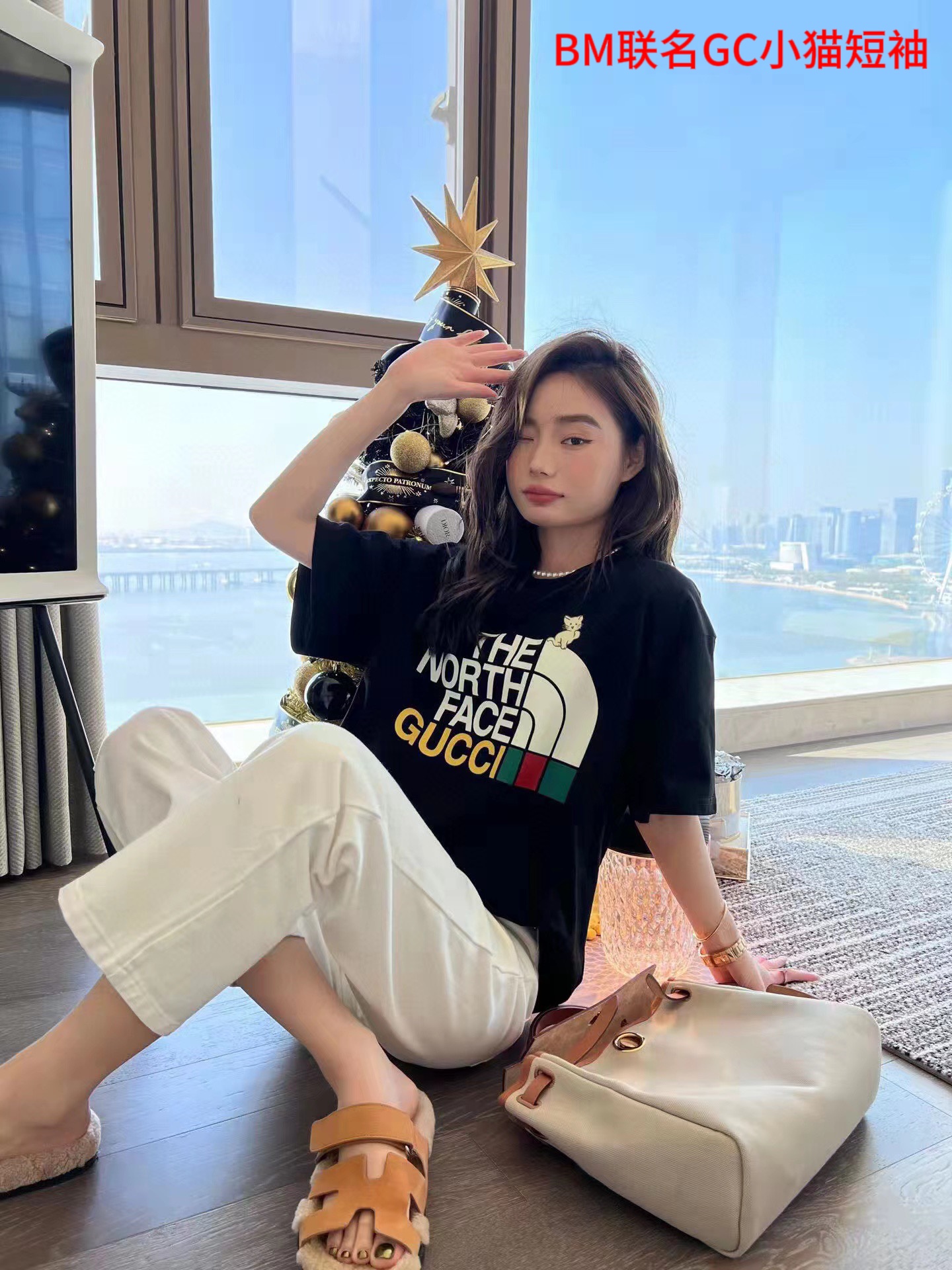 BM联名GC小猫短袖GUCCI古驰2022新款联名北面印花白猫情侣休闲短袖T恤（市场高版本 拒绝lou货）颜色：黑色 白色码数：M-4xl