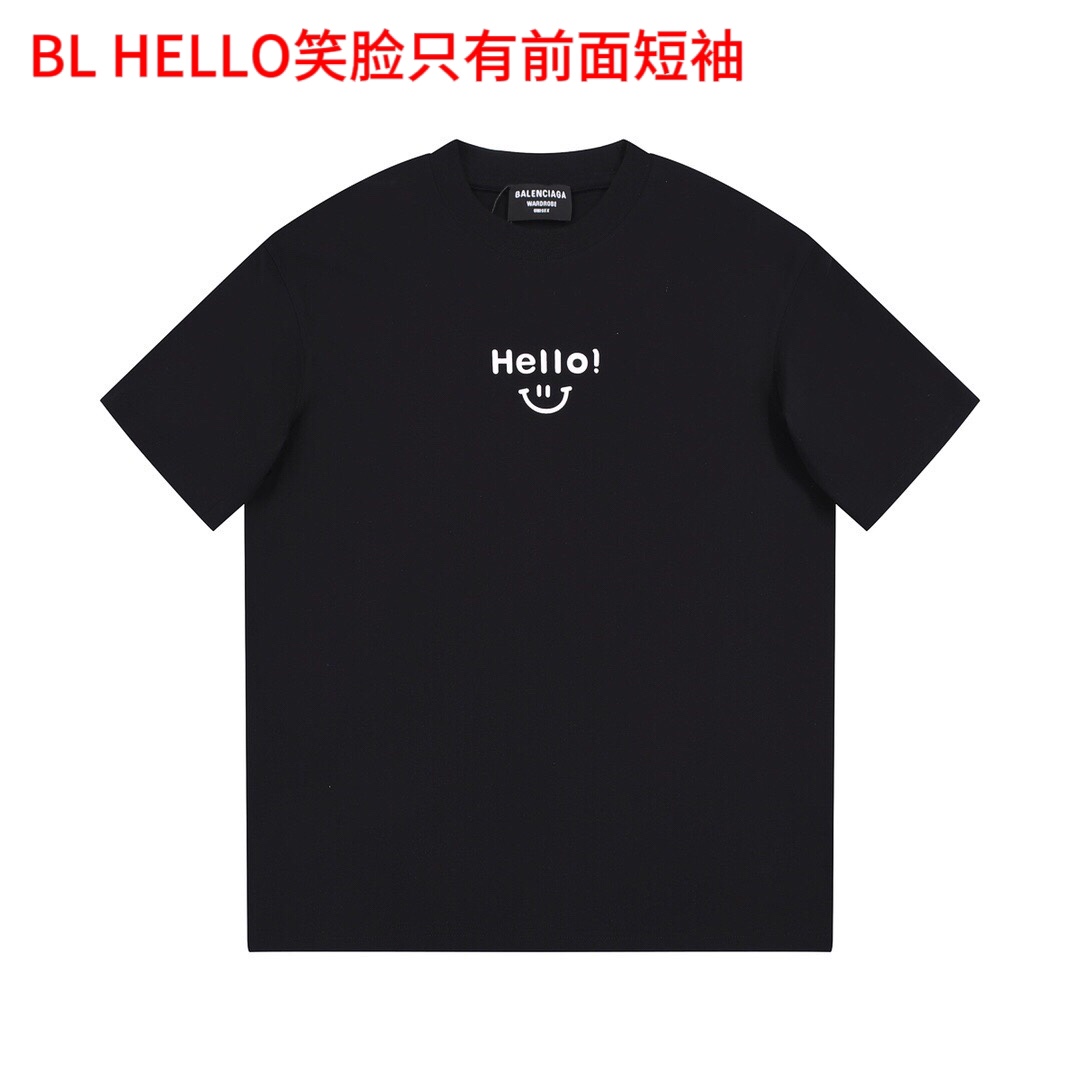 BL HELLO笑脸只有前面短袖Balenciaga巴黎世家笑脸hello印花短袖T恤是夏天必不可少的一件潮流T ！！整件做法采用三针五线工艺领口-肩缝-袖缝双线，看上去更立体更有质感）和原版一致工艺