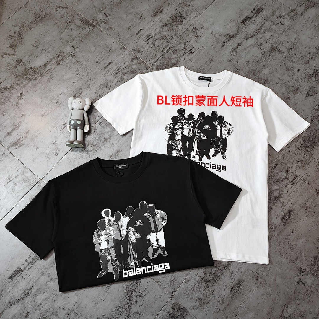 BL锁扣蒙面人短袖巴黎世家 2023春夏新款经典人像印花短袖体恤 定制200克纯棉面料！进口数码直喷印花！正确版本 男女同款 超级显眼 超级好看 超级大气！ 颜色：黑色 白色 尺码:     M～4x